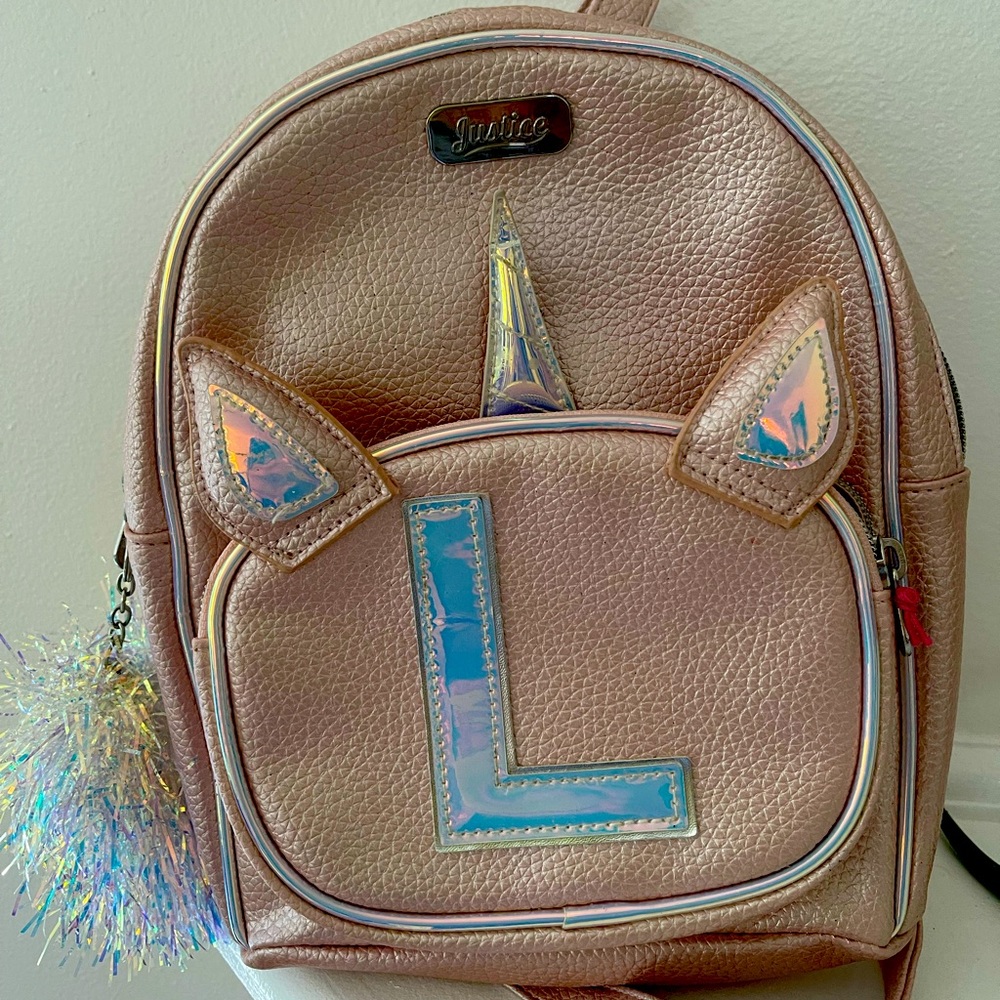 Justice Girls MINI Backpack Rose Gold Bag Initial Letter L Unicorn New
